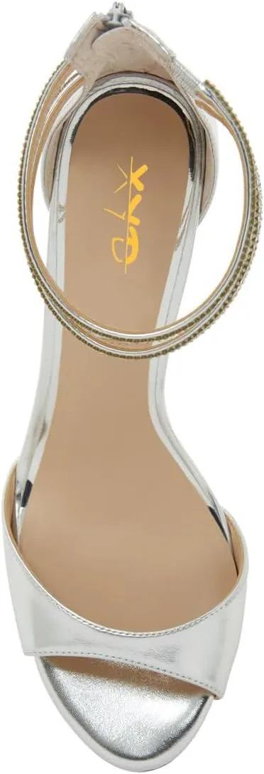 XYD Women Crystal Ankle Straps Open Peep Toe Sandals with Back Zip Chic Round Circle High Heel Party Shoes