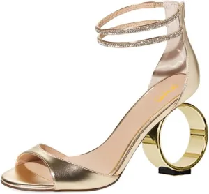 XYD Women Crystal Ankle Straps Open Peep Toe Sandals with Back Zip Chic Round Circle High Heel Party Shoes