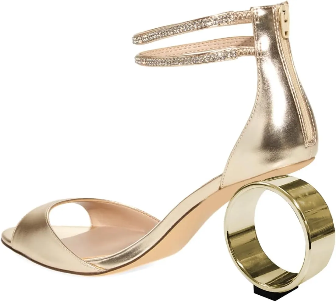 XYD Women Crystal Ankle Straps Open Peep Toe Sandals with Back Zip Chic Round Circle High Heel Party Shoes