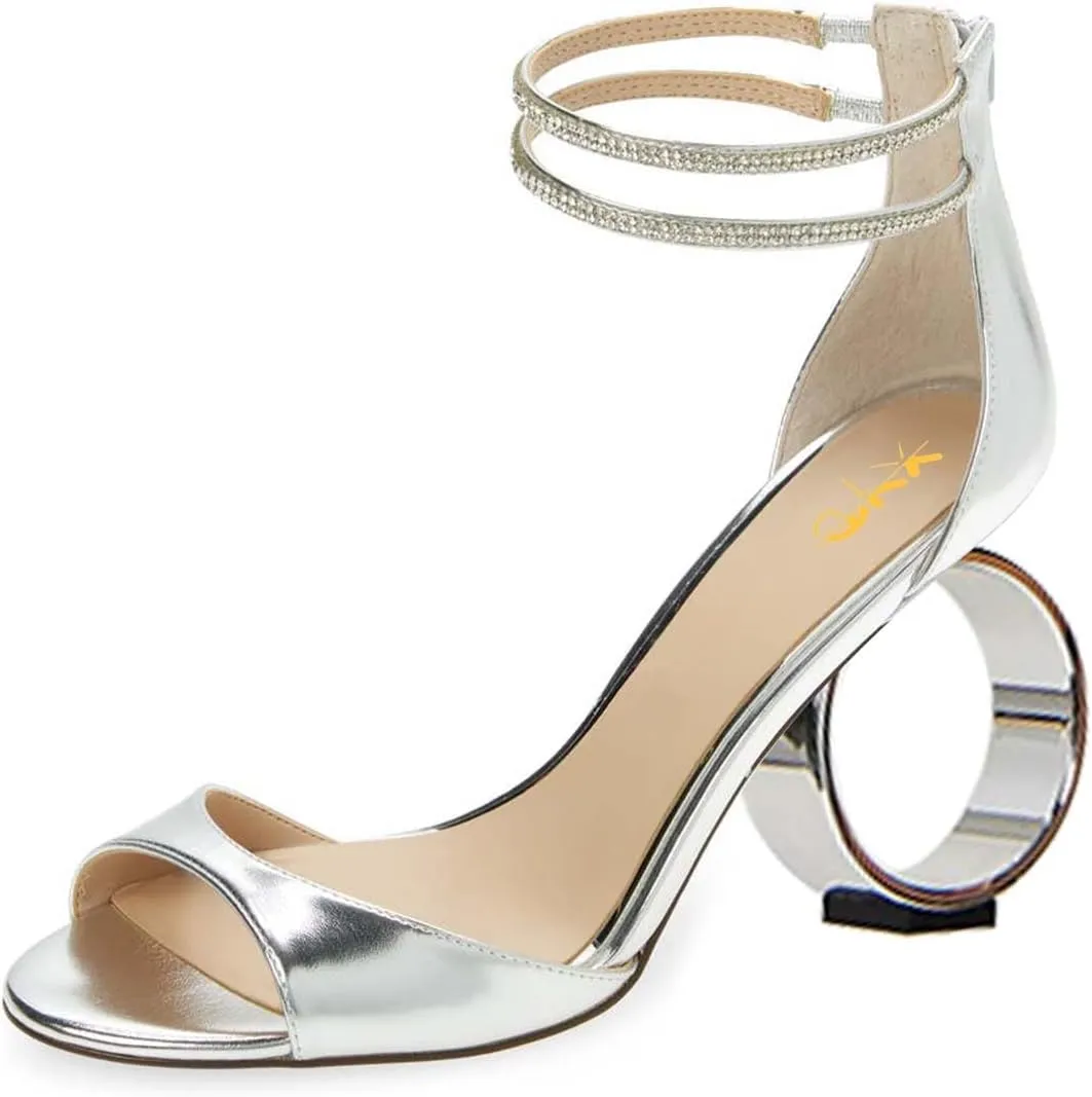 XYD Women Crystal Ankle Straps Open Peep Toe Sandals with Back Zip Chic Round Circle High Heel Party Shoes