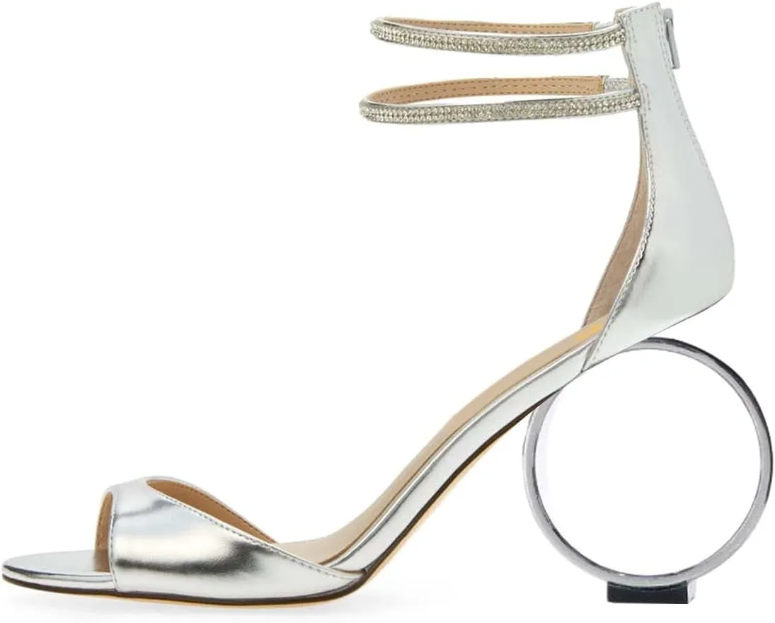 XYD Women Crystal Ankle Straps Open Peep Toe Sandals with Back Zip Chic Round Circle High Heel Party Shoes
