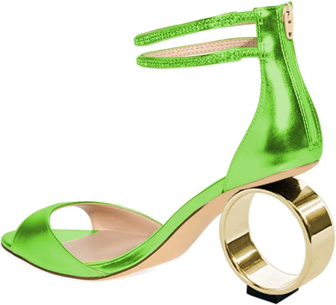 XYD Women Crystal Ankle Straps Open Peep Toe Sandals with Back Zip Chic Round Circle High Heel Party Shoes