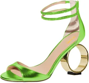 XYD Women Crystal Ankle Straps Open Peep Toe Sandals with Back Zip Chic Round Circle High Heel Party Shoes