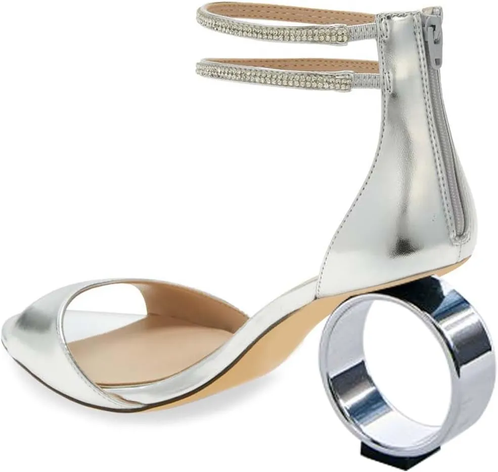 XYD Women Crystal Ankle Straps Open Peep Toe Sandals with Back Zip Chic Round Circle High Heel Party Shoes