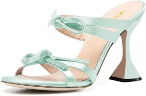 XYD Women Elegant Rhinestones Bows Open Round Toe Slip On Mule Sandals High Spool Heel Slipper Slides Comfortable Party Chic Shoes