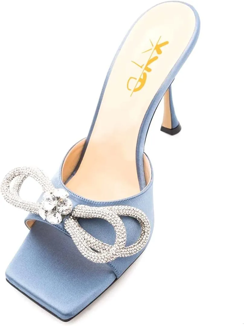 XYD Women Fashion Rhinestones Bows Open Square Toe Slide Sandals High Spool Heel Mules Slip On Party Dress Daily Walking Shoes