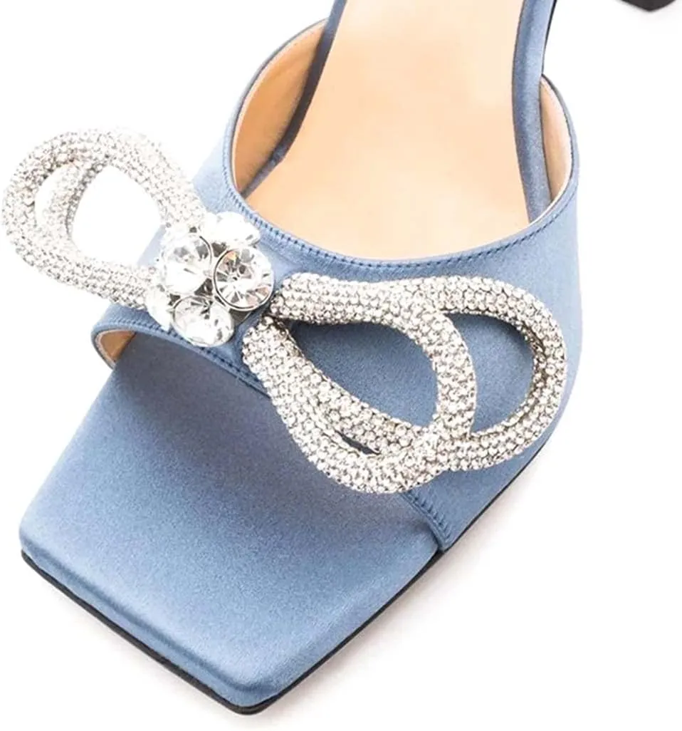 XYD Women Fashion Rhinestones Bows Open Square Toe Slide Sandals High Spool Heel Mules Slip On Party Dress Daily Walking Shoes