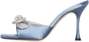 XYD Women Fashion Rhinestones Bows Open Square Toe Slide Sandals High Spool Heel Mules Slip On Party Dress Daily Walking Shoes