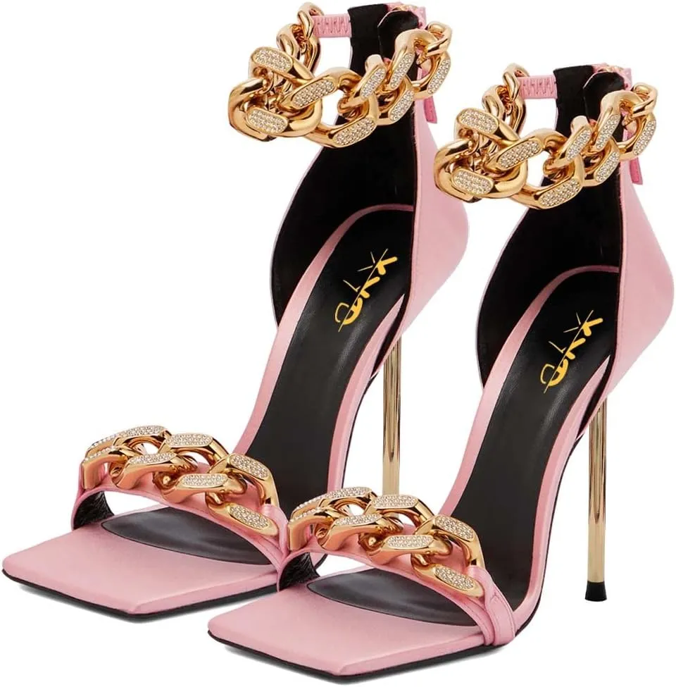 XYD Women Sexy Stiletto Sandals Open Square Toe High Heels Metal Ankle Chain Strap Back Zip Chic Nightclub Shoes