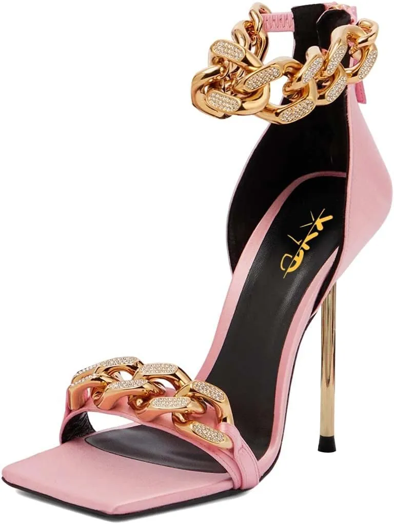 XYD Women Sexy Stiletto Sandals Open Square Toe High Heels Metal Ankle Chain Strap Back Zip Chic Nightclub Shoes