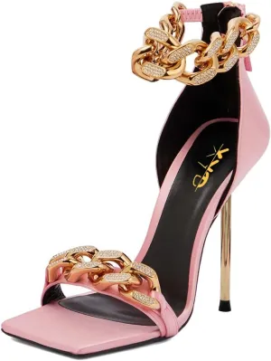 XYD Women Sexy Stiletto Sandals Open Square Toe High Heels Metal Ankle Chain Strap Back Zip Chic Nightclub Shoes