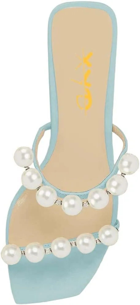 XYD Women Square Open Toe Pearls Embellished Dual Straps Slides Sandals Slip On Low/High Chunky Block Heel Chic Mules Summer Resort Outdoor Party Shoes