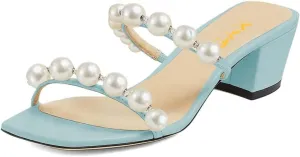 XYD Women Square Open Toe Pearls Embellished Dual Straps Slides Sandals Slip On Low/High Chunky Block Heel Chic Mules Summer Resort Outdoor Party Shoes