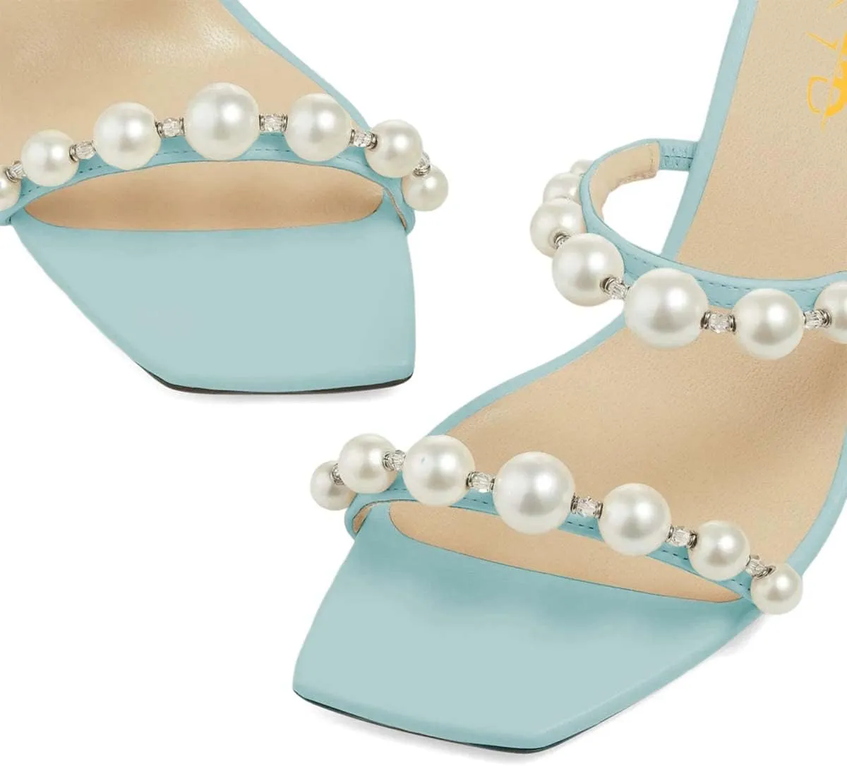 XYD Women Square Open Toe Pearls Embellished Dual Straps Slides Sandals Slip On Low/High Chunky Block Heel Chic Mules Summer Resort Outdoor Party Shoes