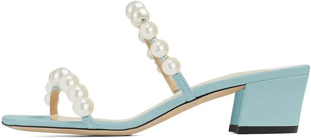 XYD Women Square Open Toe Pearls Embellished Dual Straps Slides Sandals Slip On Low/High Chunky Block Heel Chic Mules Summer Resort Outdoor Party Shoes