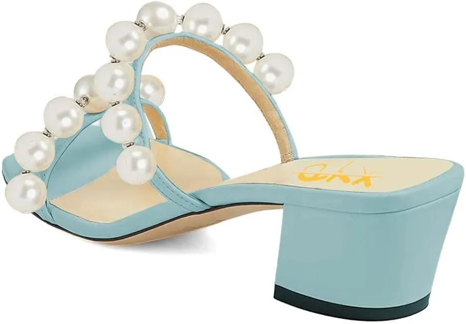 XYD Women Square Open Toe Pearls Embellished Dual Straps Slides Sandals Slip On Low/High Chunky Block Heel Chic Mules Summer Resort Outdoor Party Shoes
