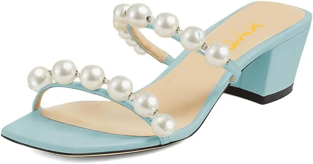 XYD Women Square Open Toe Pearls Embellished Dual Straps Slides Sandals Slip On Low/High Chunky Block Heel Chic Mules Summer Resort Outdoor Party Shoes
