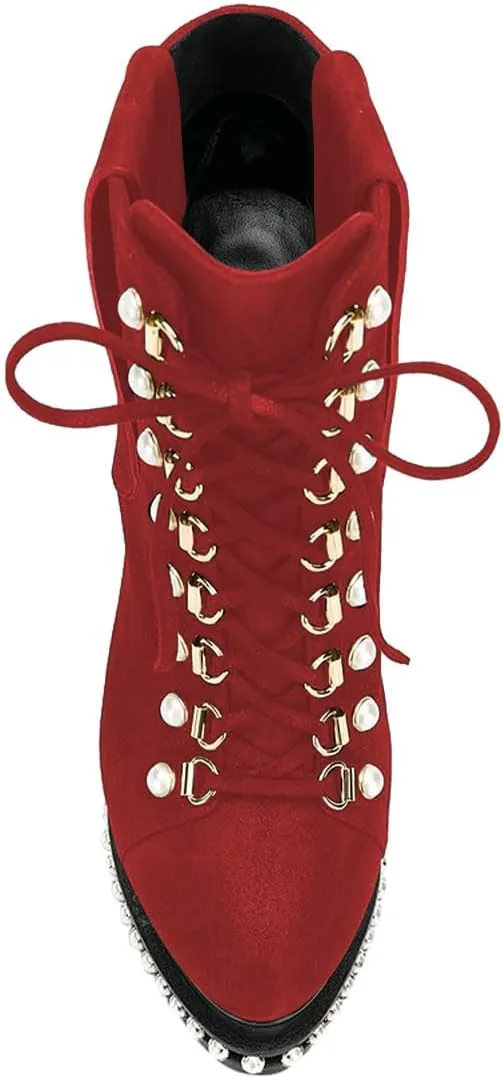 XYD Women's Chic Boots Lace Up Strappy Pearls Platform Stiletto Heels Closed Toe Ankle High Short Booties Night Club Party Evening Dressy Fashion Shoes