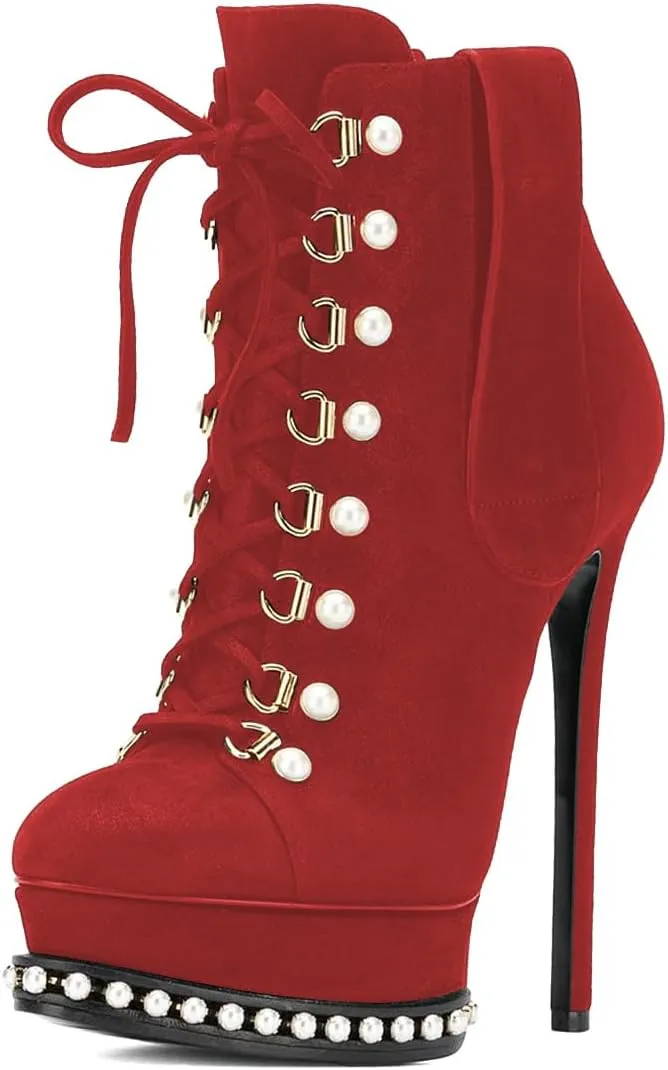 XYD Women's Chic Boots Lace Up Strappy Pearls Platform Stiletto Heels Closed Toe Ankle High Short Booties Night Club Party Evening Dressy Fashion Shoes