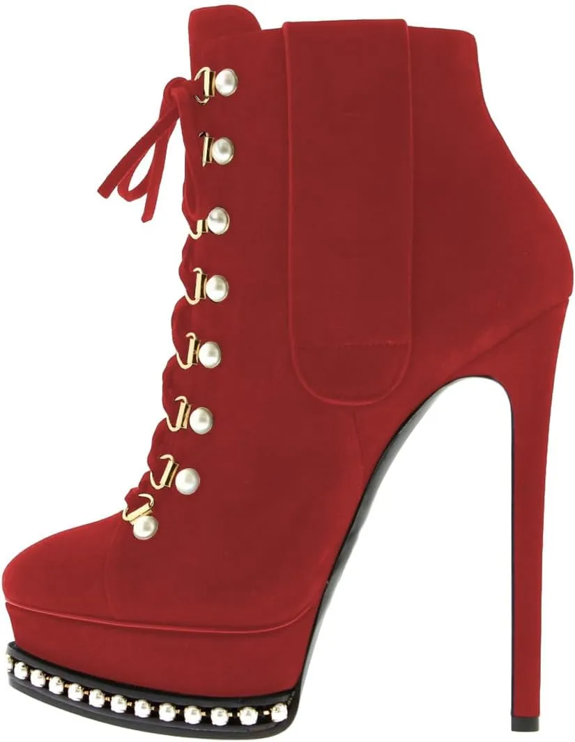 XYD Women's Chic Boots Lace Up Strappy Pearls Platform Stiletto Heels Closed Toe Ankle High Short Booties Night Club Party Evening Dressy Fashion Shoes
