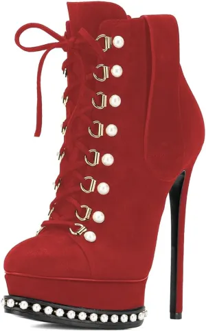 XYD Women's Chic Boots Lace Up Strappy Pearls Platform Stiletto Heels Closed Toe Ankle High Short Booties Night Club Party Evening Dressy Fashion Shoes