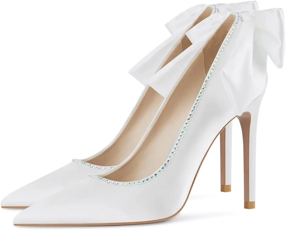 XYD Women's Elegant Silk Satin Pointy Toe Rhinestone Adorn Slip On Pumps with Back Big Bowknot Stiletto Heels Party Chic Dress Wedding Bridal Shoes