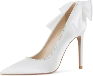 XYD Women's Elegant Silk Satin Pointy Toe Rhinestone Adorn Slip On Pumps with Back Big Bowknot Stiletto Heels Party Chic Dress Wedding Bridal Shoes