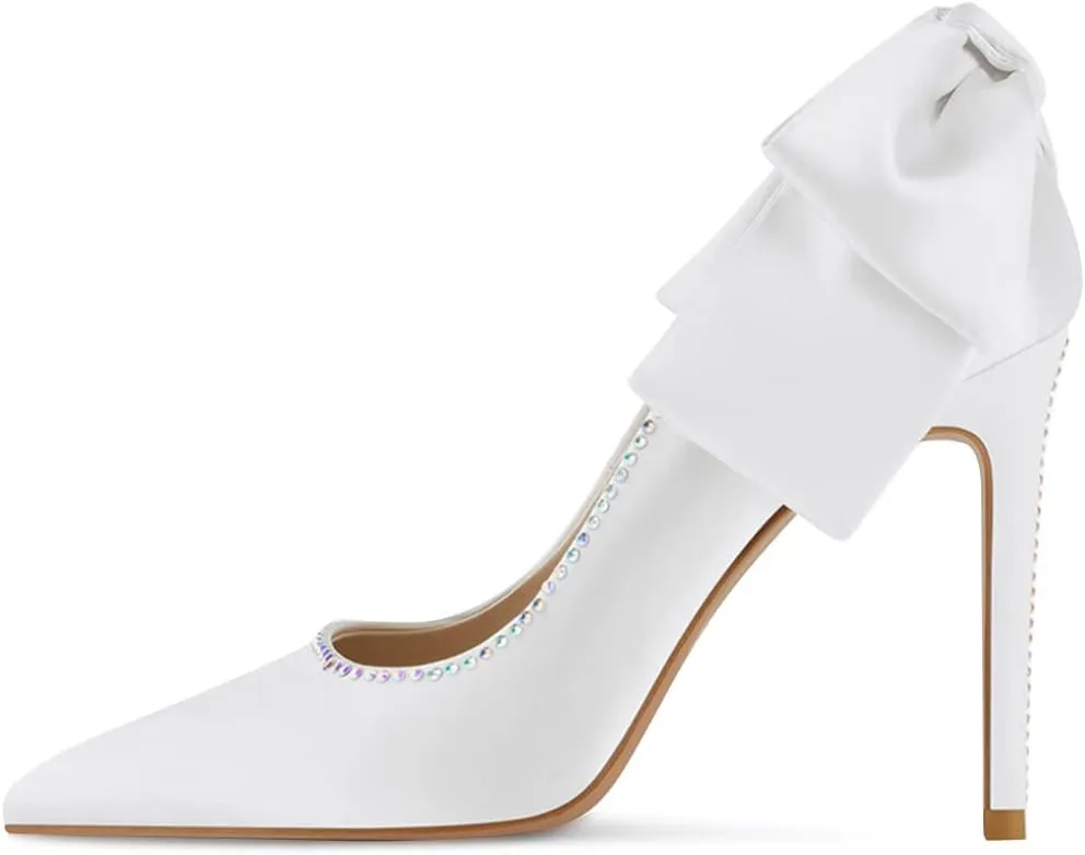 XYD Women's Elegant Silk Satin Pointy Toe Rhinestone Adorn Slip On Pumps with Back Big Bowknot Stiletto Heels Party Chic Dress Wedding Bridal Shoes