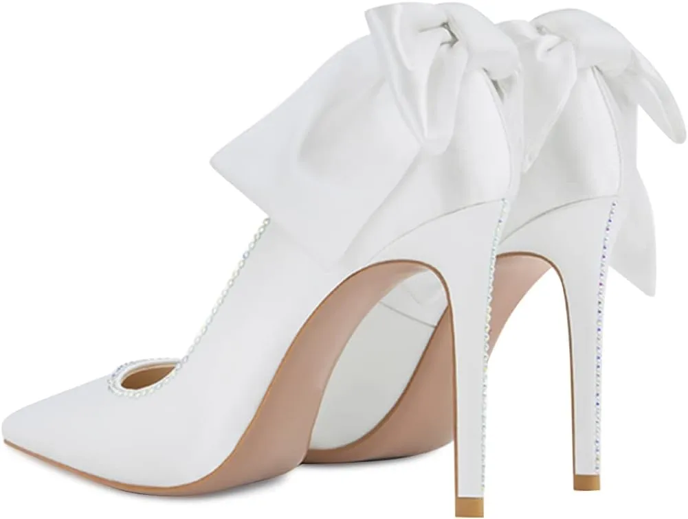 XYD Women's Elegant Silk Satin Pointy Toe Rhinestone Adorn Slip On Pumps with Back Big Bowknot Stiletto Heels Party Chic Dress Wedding Bridal Shoes