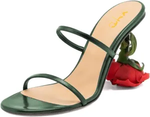 XYD Women's Romantic Rose Heel Summer Chic Two Slender Straps Open Toe Slip On Slides Sandals Resort Holiday Party Shoes