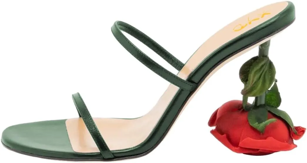 XYD Women's Romantic Rose Heel Summer Chic Two Slender Straps Open Toe Slip On Slides Sandals Resort Holiday Party Shoes