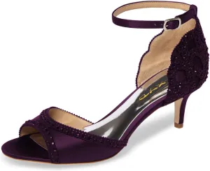 XYD Women's Sandals, Chic Peep Toe, D'Orsay Kitten Low Heels, Rhinestone Studs, Ankle Strap Satin Shoes for Wedding Ballroom (Size 8.5, Dark Purple)