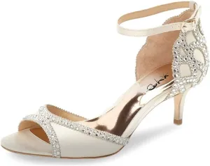 XYD Women's Sandals, Chic Peep Toe, D'Orsay Kitten Low Heels, Rhinestone Studs, Ankle Strap Satin Shoes for Wedding Ballroom