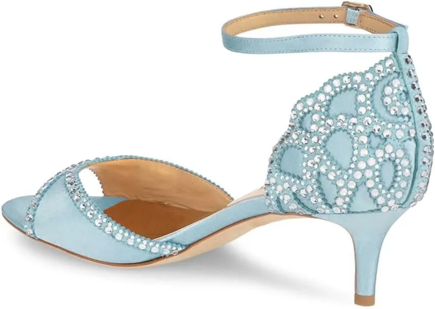 XYD Women's Sandals, Chic Peep Toe, D'Orsay Kitten Low Heels, Rhinestone Studs, Ankle Strap Satin Shoes for Wedding Ballroom