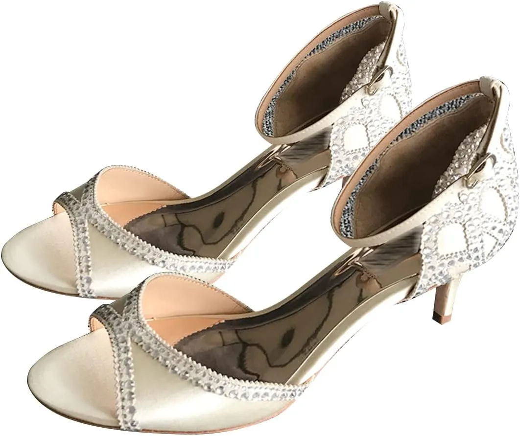 XYD Women's Sandals, Chic Peep Toe, D'Orsay Kitten Low Heels, Rhinestone Studs, Ankle Strap Satin Shoes for Wedding Ballroom