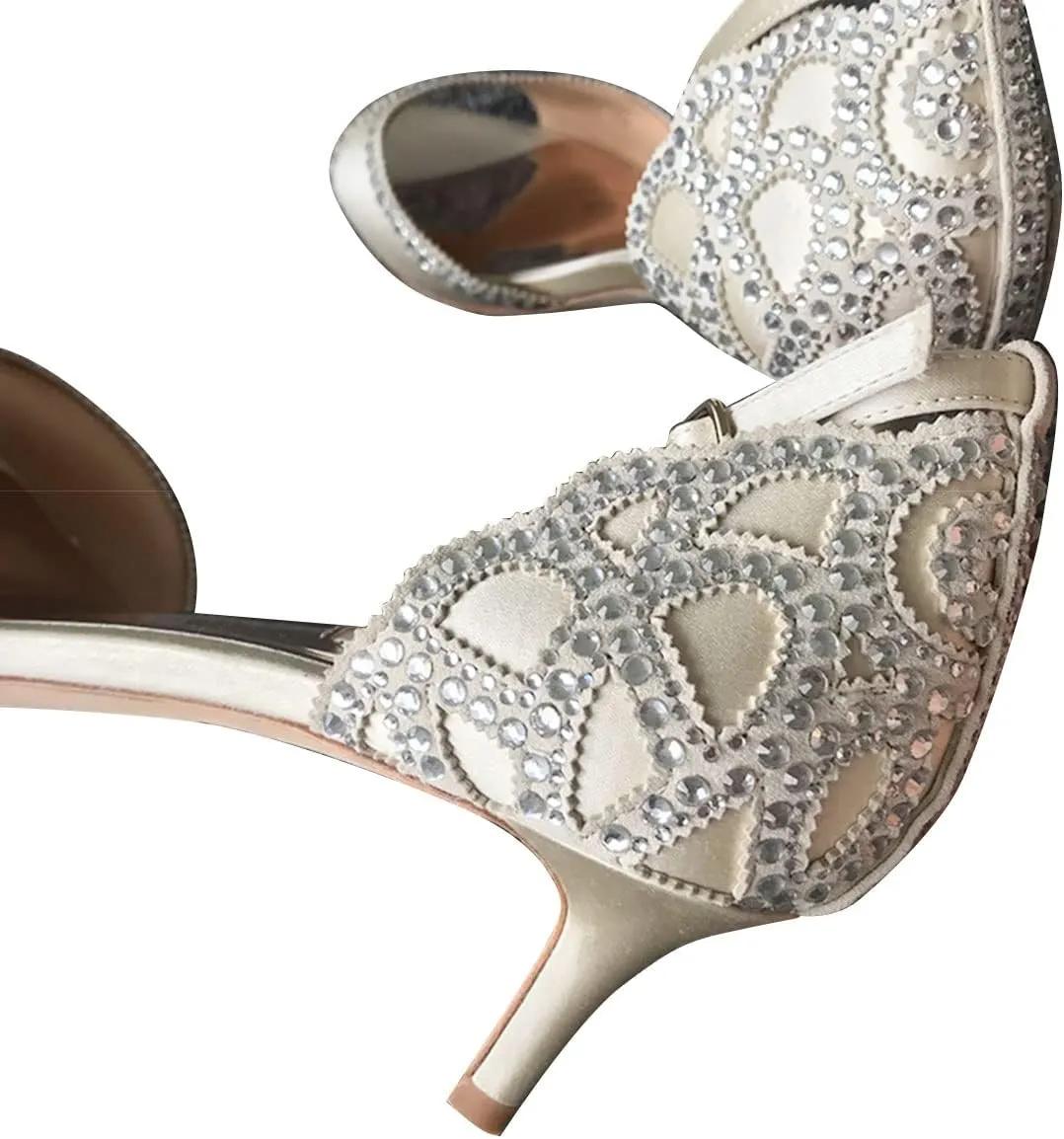 XYD Women's Sandals, Chic Peep Toe, D'Orsay Kitten Low Heels, Rhinestone Studs, Ankle Strap Satin Shoes for Wedding Ballroom
