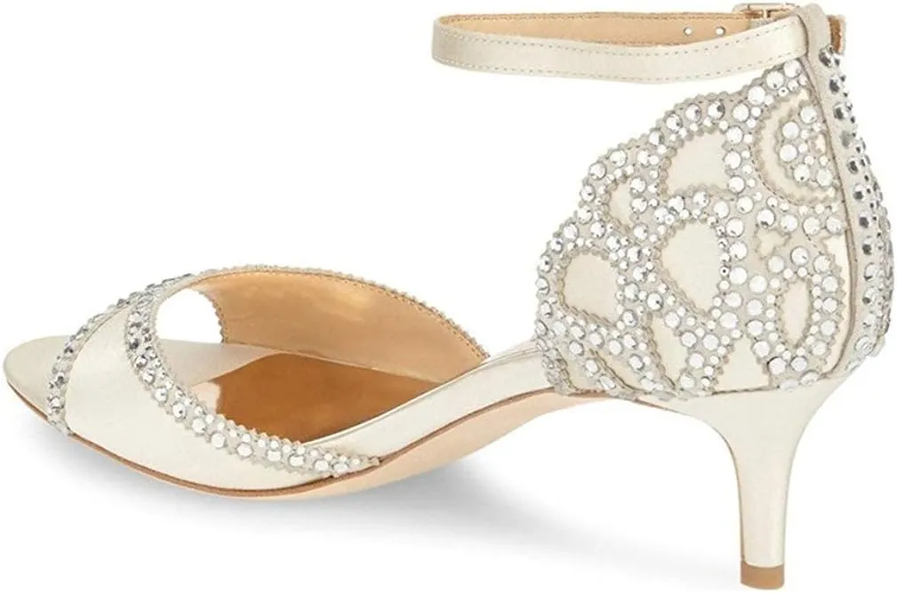 XYD Women's Sandals, Chic Peep Toe, D'Orsay Kitten Low Heels, Rhinestone Studs, Ankle Strap Satin Shoes for Wedding Ballroom