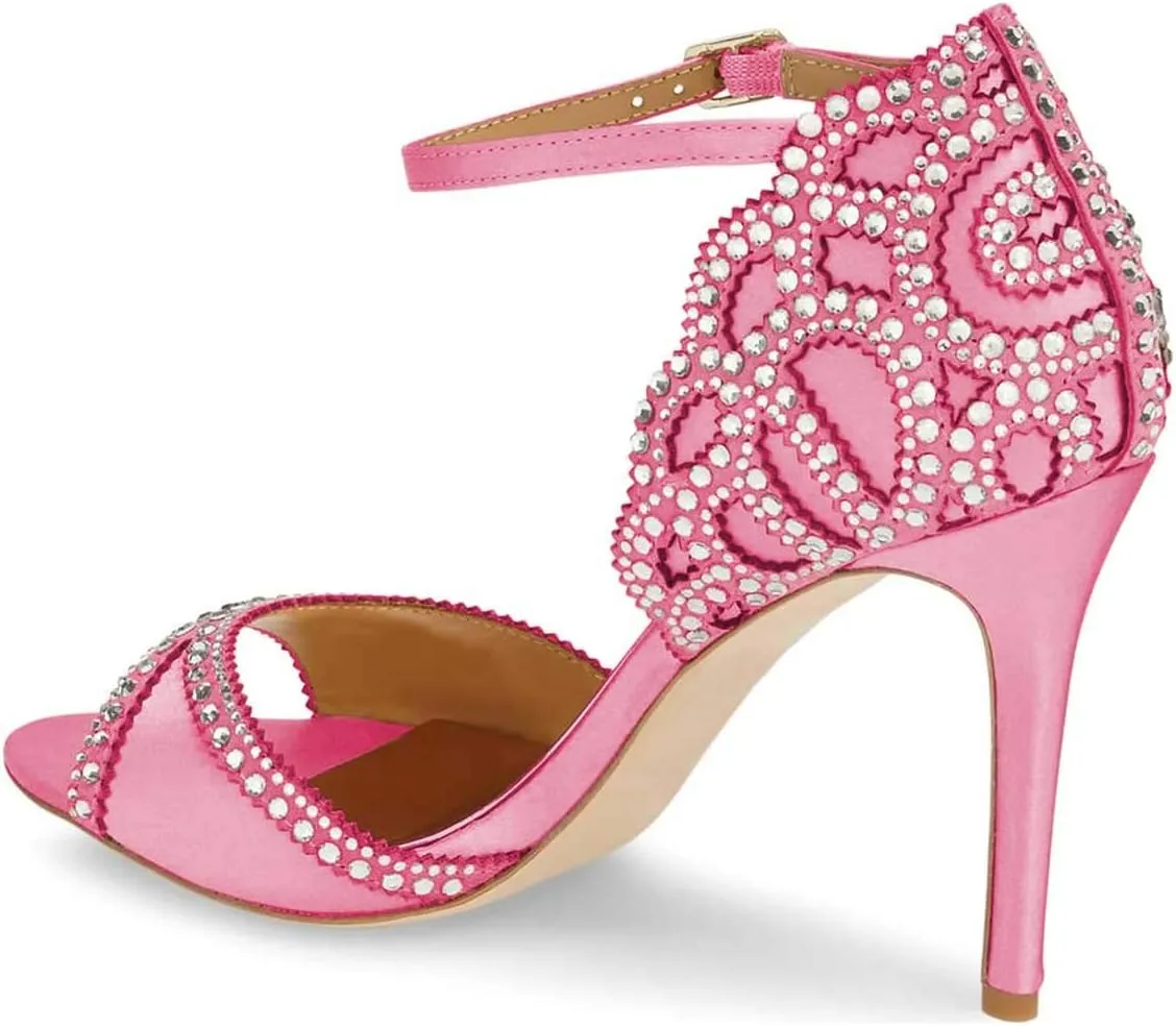 XYD Women's Sandals, Chic Peep Toe, D'Orsay Stiletto High Heels, Rhinestone Studs, Ankle Strap Satin Shoes for Wedding Ballroom