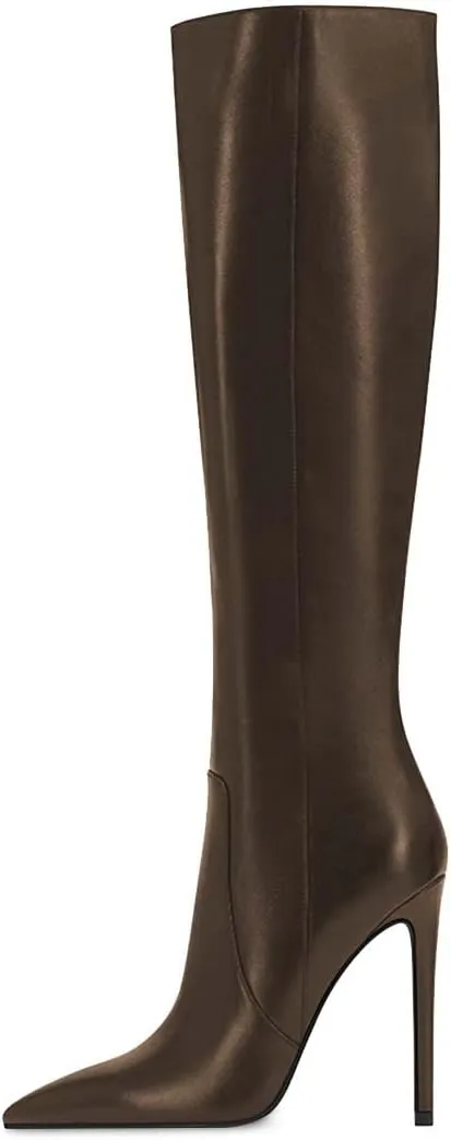 XYD Women's Winter Leather Solid Color Pointed Toe Straight Knee High Stiletto Heels Boots Side Zip Up Dressy Chic Lady Shoes