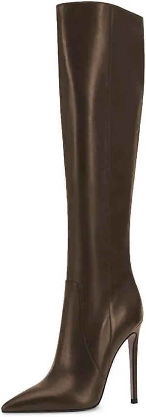 XYD Women's Winter Leather Solid Color Pointed Toe Straight Knee High Stiletto Heels Boots Side Zip Up Dressy Chic Lady Shoes