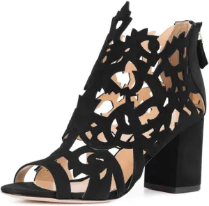 YDN Women Chic Peep Toe Chunky Mid High Heels Ankle Boots Classic Cutout Block Back Zippers Dress Party Shoes Size 4-16 US