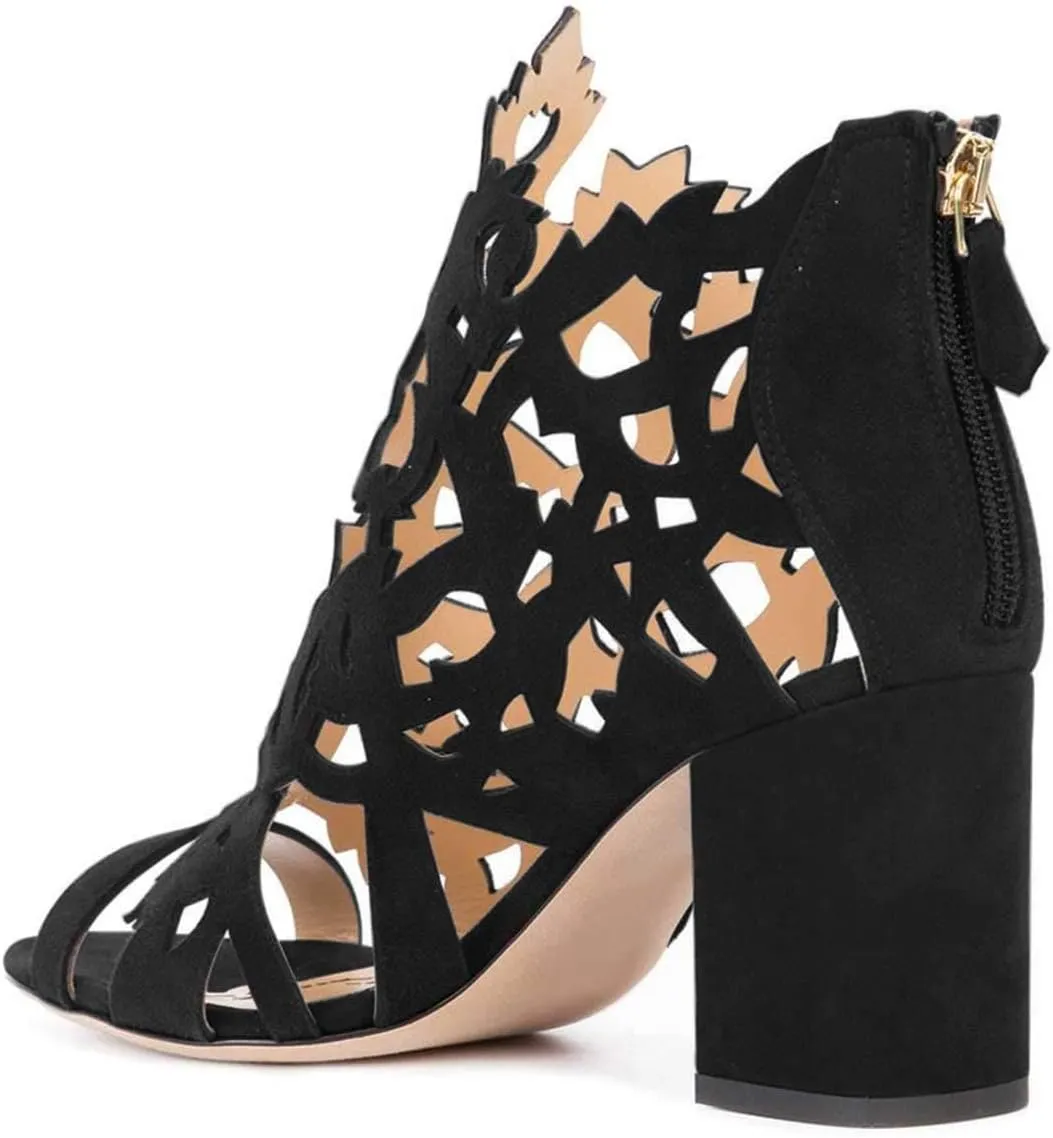 YDN Women Chic Peep Toe Chunky Mid High Heels Ankle Boots Classic Cutout Block Back Zippers Dress Party Shoes Size 4-16 US
