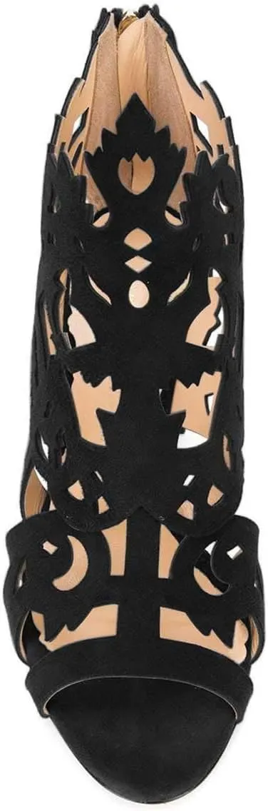 YDN Women Chic Peep Toe Chunky Mid High Heels Ankle Boots Classic Cutout Block Back Zippers Dress Party Shoes Size 4-16 US