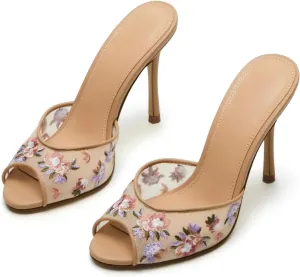 Yishaweiqi Women's Mesh Heeled Sandals Peep Toe Mules Slip on Stiletto High Heels Dress Sexy Slide Sandals