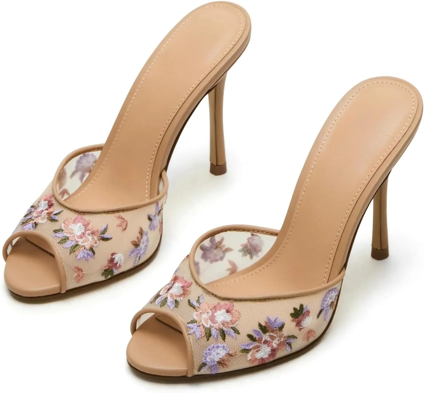 Yishaweiqi Women's Mesh Heeled Sandals Peep Toe Mules Slip on Stiletto High Heels Dress Sexy Slide Sandals