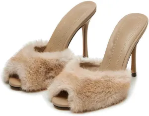 Yishaweiqi Women's Mesh Heeled Sandals Peep Toe Mules Slip on Stiletto High Heels Dress Sexy Slide Sandals