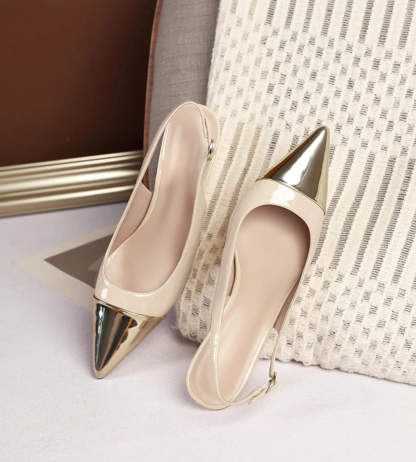 YODEKS Women's Slingback Heels Cap Toe Shoes Pointed Low Kitten Heel 2.5 Inch Pumps Two Tone Shoes for Casual Party Wedding Office