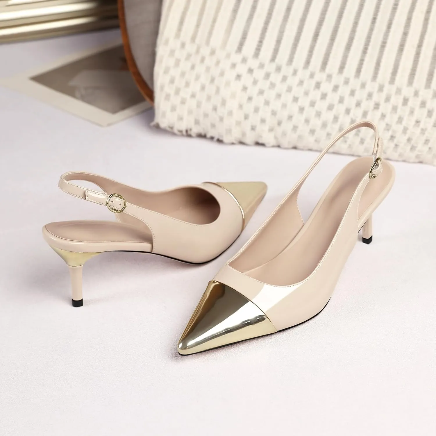 YODEKS Women's Slingback Heels Cap Toe Shoes Pointed Low Kitten Heel 2.5 Inch Pumps Two Tone Shoes for Casual Party Wedding Office