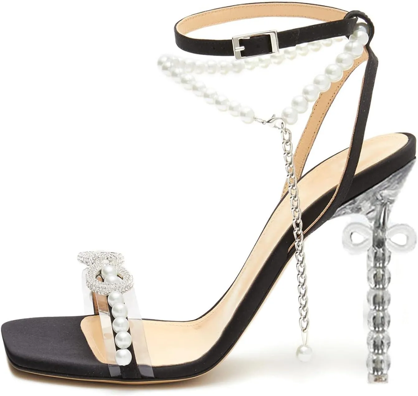 Yolkomo Pearl Heels for Women Sexy Square Toe Rhinestone Bow Clear Heel Sandals