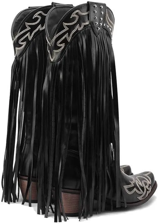 Yolkomo Women's Fringe Western Boots Wide Calf Mid Block Heel Cowgirl Cowboy Boots